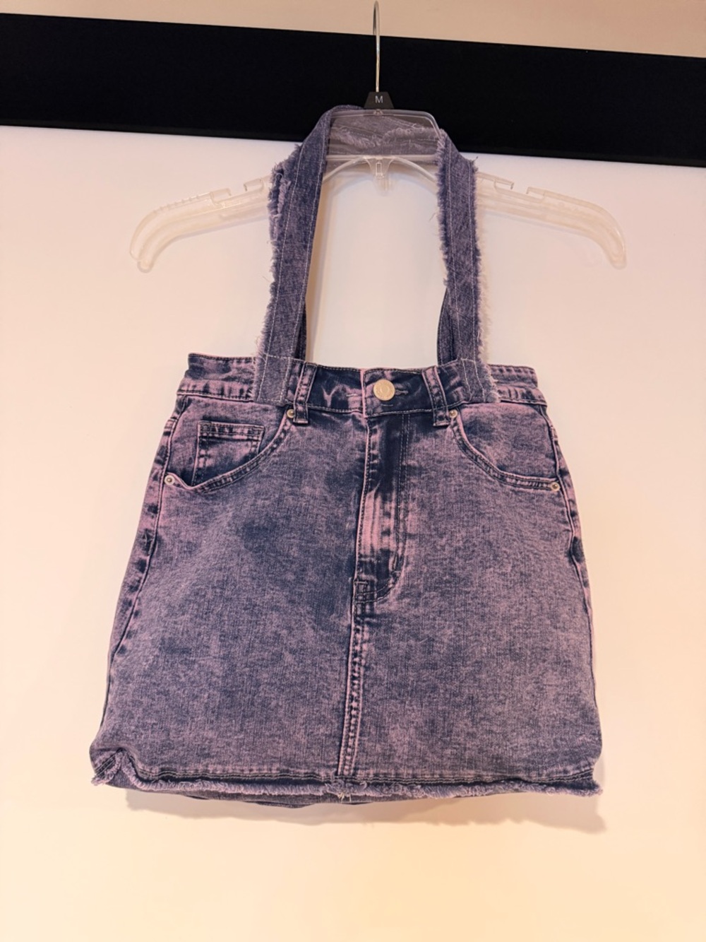 Denim Mini Skirt with Suspender Straps - Faded Bag